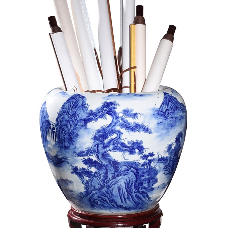 景德镇陶瓷摆件中式花瓶客厅玄关画缸卷轴缸书画桶箭筒花瓶青花瓷