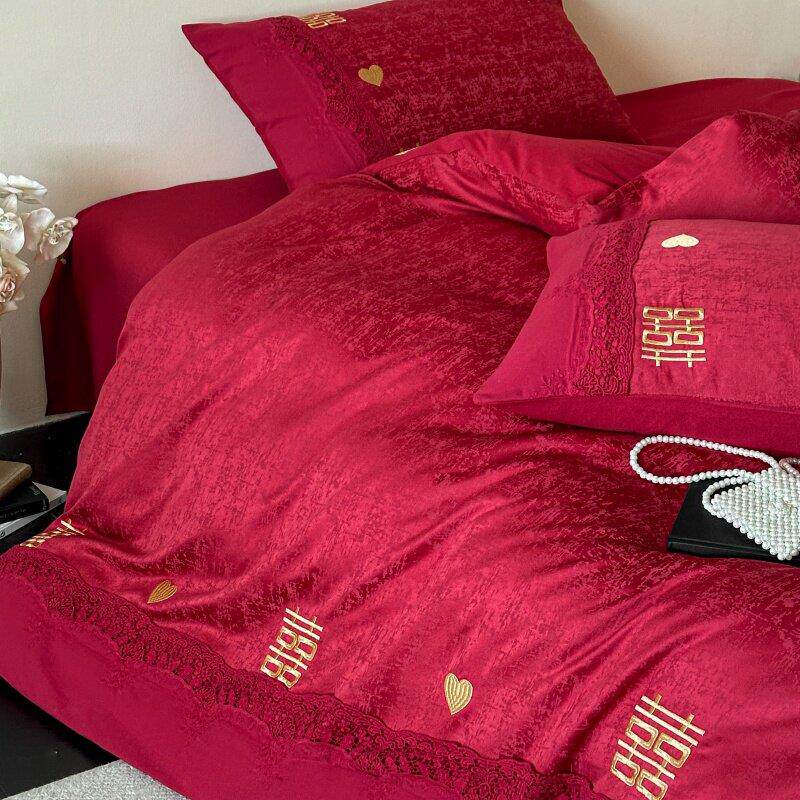 新中式结婚四件红色单被套NIL陪嫁喜床被高档纯庆棉婚床上用品婚