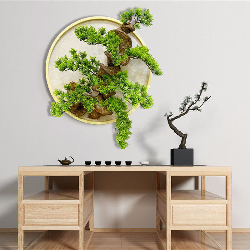 新中式创意实木框绿植迎客松壁挂样板房沙发背景墙面软装饰品壁饰