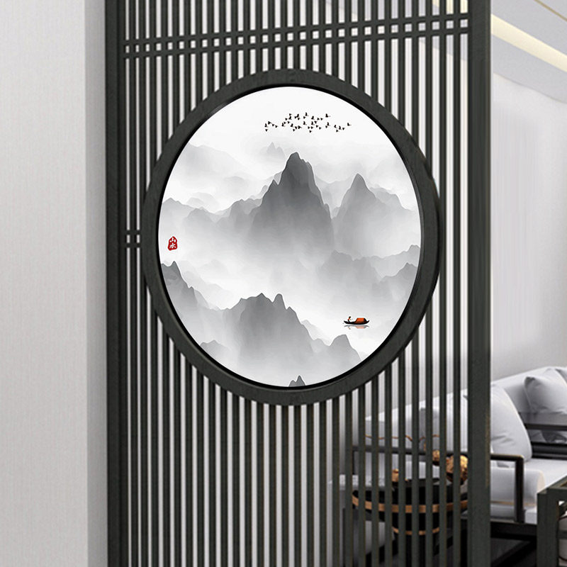 新中式屏风隔断双面画入户玄关发光装饰画轻奢圆形led带灯壁挂画