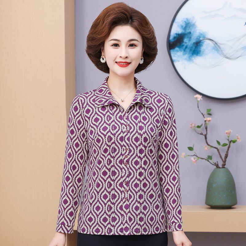 中老年女装妈妈薄款T恤2024早秋小个子婆婆套头修身花色长袖上衣