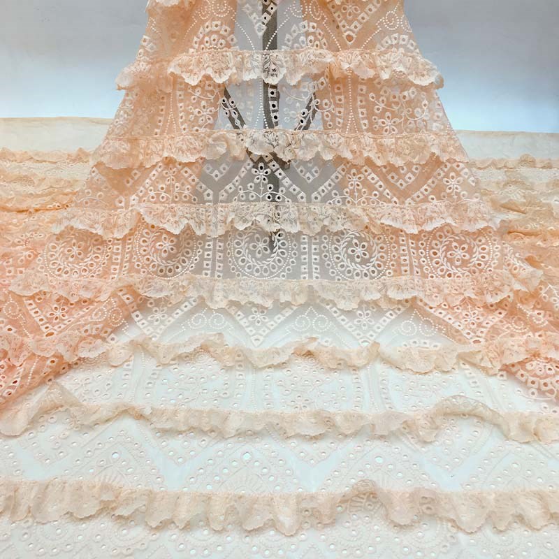 新品紫色镂空立体波浪手工蕾丝网纱绣花布面料礼服服装连衣裙布料