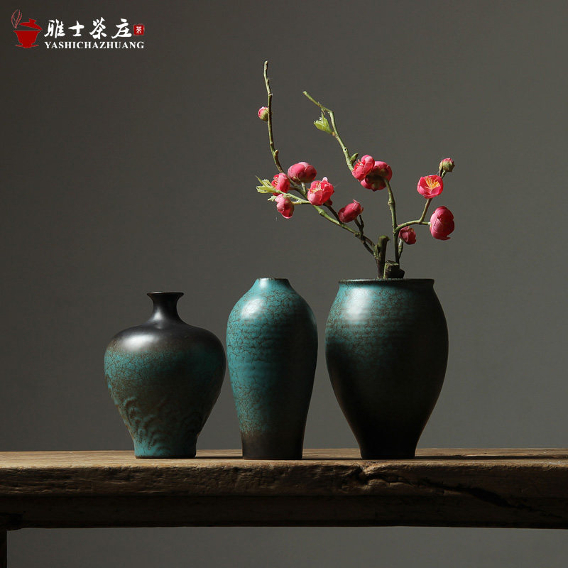 日式禅意花瓶 粗陶小号台面花器 复古客厅摆件创意插花 陶艺花插