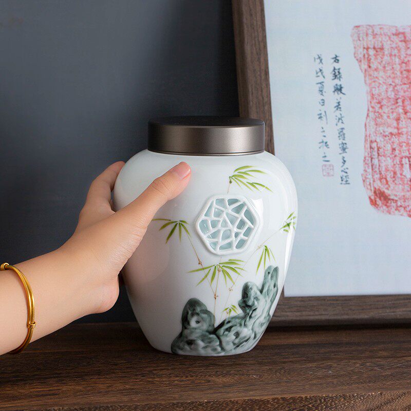 匠影茶叶罐大号家用日式储存储物罐陶瓷密封罐锡盖茶仓茶叶包装盒