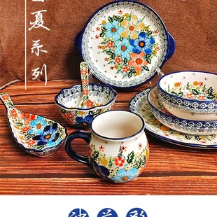欧式波兰彩釉下彩手绘陶瓷餐具套装家H用送礼碗盘杯子面碗勺子套
