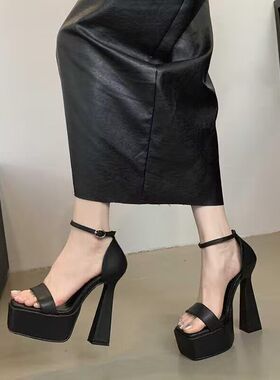 15cm超高跟防水台模特走秀鞋方头夜场恨天高粗O跟包跟凉鞋女34小