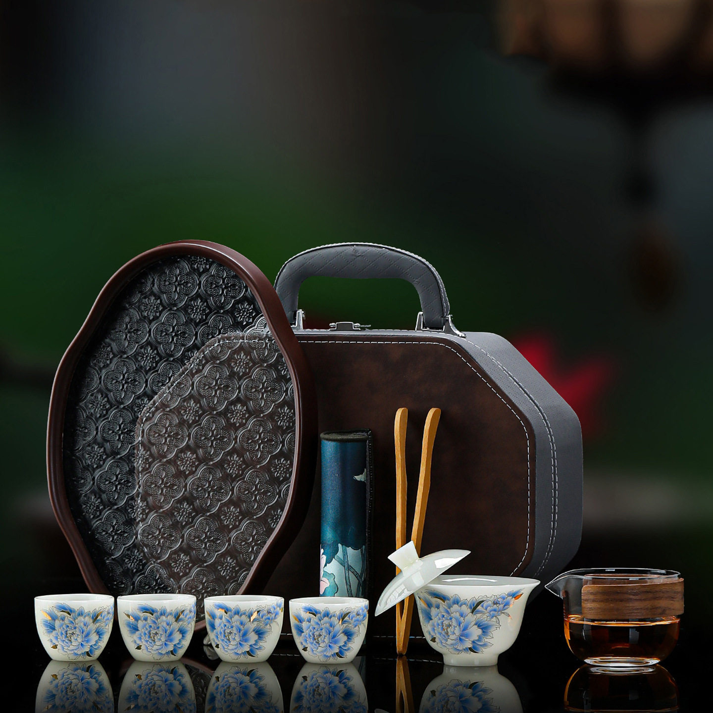 手绘璞玉瓷盖碗茶具小套装便携功夫茶具手提皮包中秋节商务伴手礼