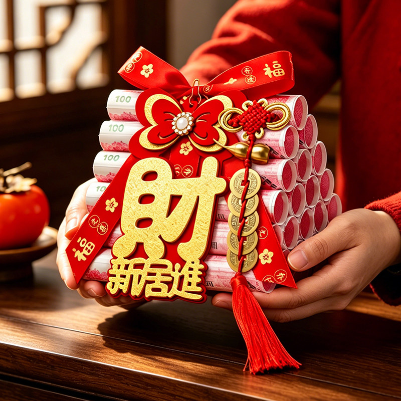 乔迁之喜发财真钱钱套摆件装饰