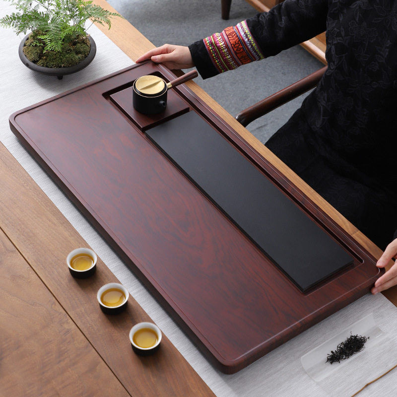 实木茶盘乌金石头简易家用整块茶台简易花梨茶海排水功夫茶具套装