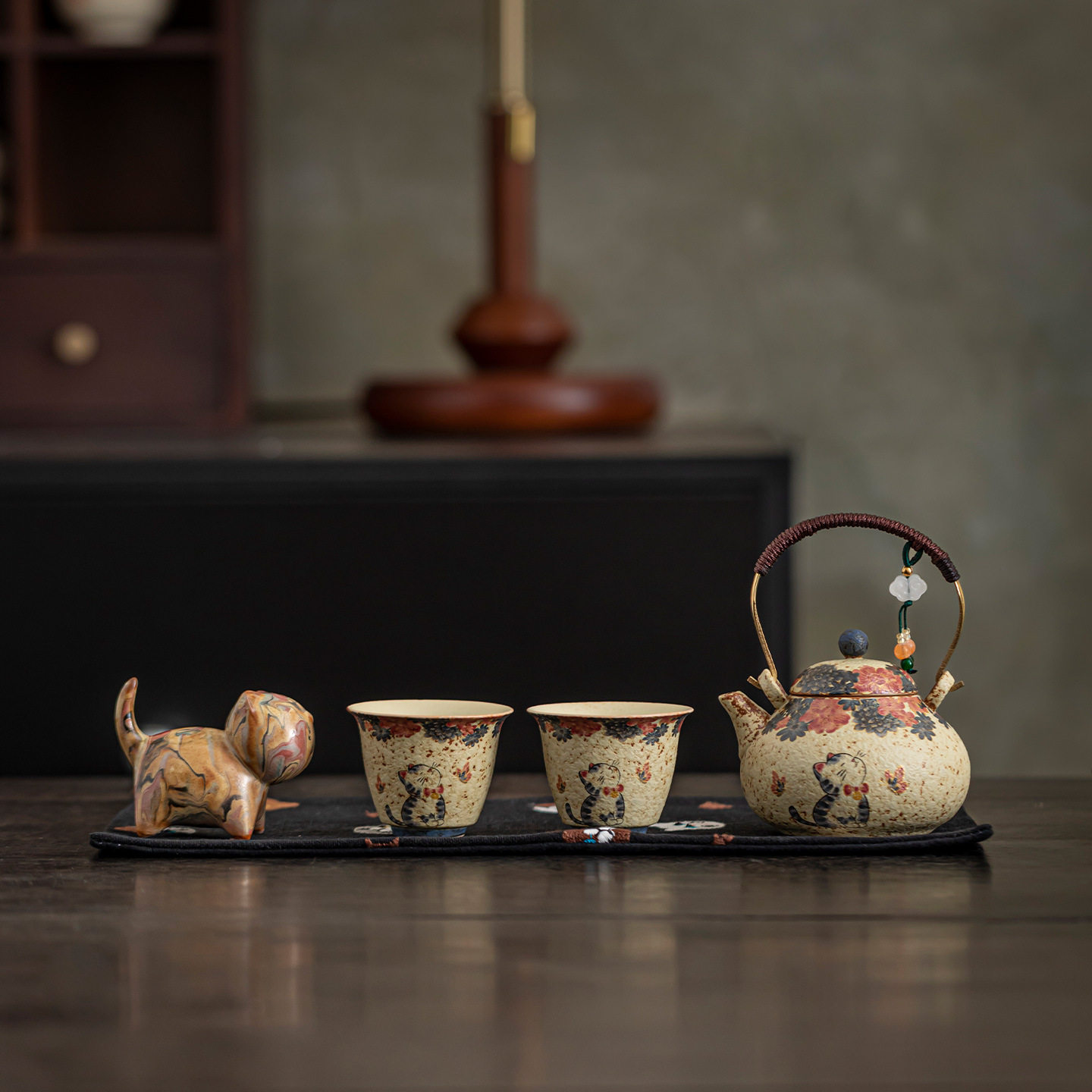 青花火石红猫提梁壶语花叙套组陶瓷茶壶茶杯茶宠家用复古功夫茶具图片