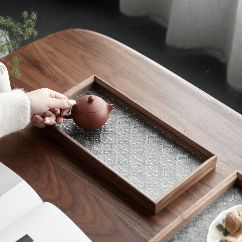木质托盘功夫茶盘日用餐厨茶具复古实木海棠花玻璃桌面收纳盘