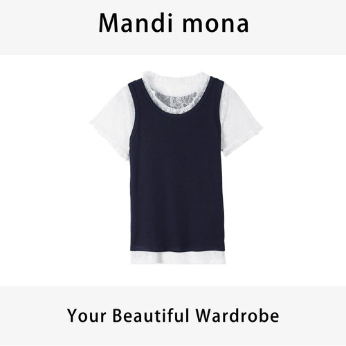 Mandi mona /【栀子岛】圆领蕾丝拼接短袖 MM513D008