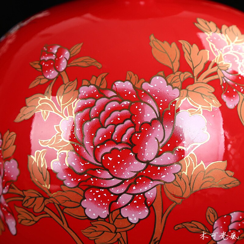 德化中国红瓷花瓶摆件纯红天地方圆 陶瓷牡丹花家居饰品玄关摆设
