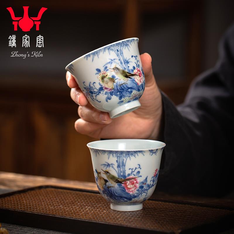 钟家窑茶杯单杯高级工艺美术师万海华青花斗彩柴窑花鸟主人杯收藏