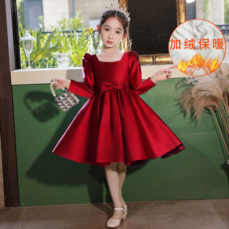 缎面红色花童小女孩高端礼服儿童主持人生日公主裙女童钢琴演出服