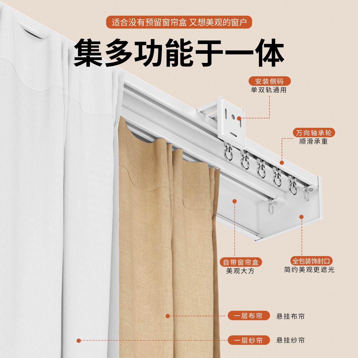 新型遮窗帘盒轨道挂钩光一体带YTCLH饰挡铝板装遮挡明装滑轨合金