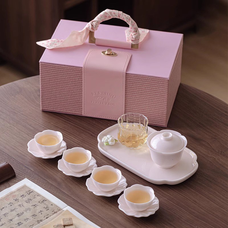 粉色功夫茶具套装2025新款家用陶瓷茶盘女生闺蜜礼物精美礼盒包装