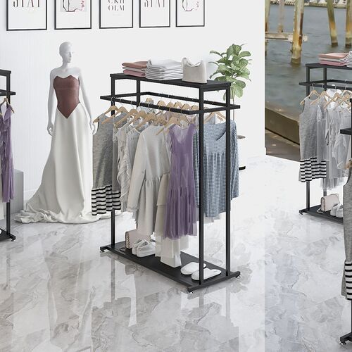 服装店双杠中岛衣架展示架落地简约男女装双排中间货架挂衣服架子