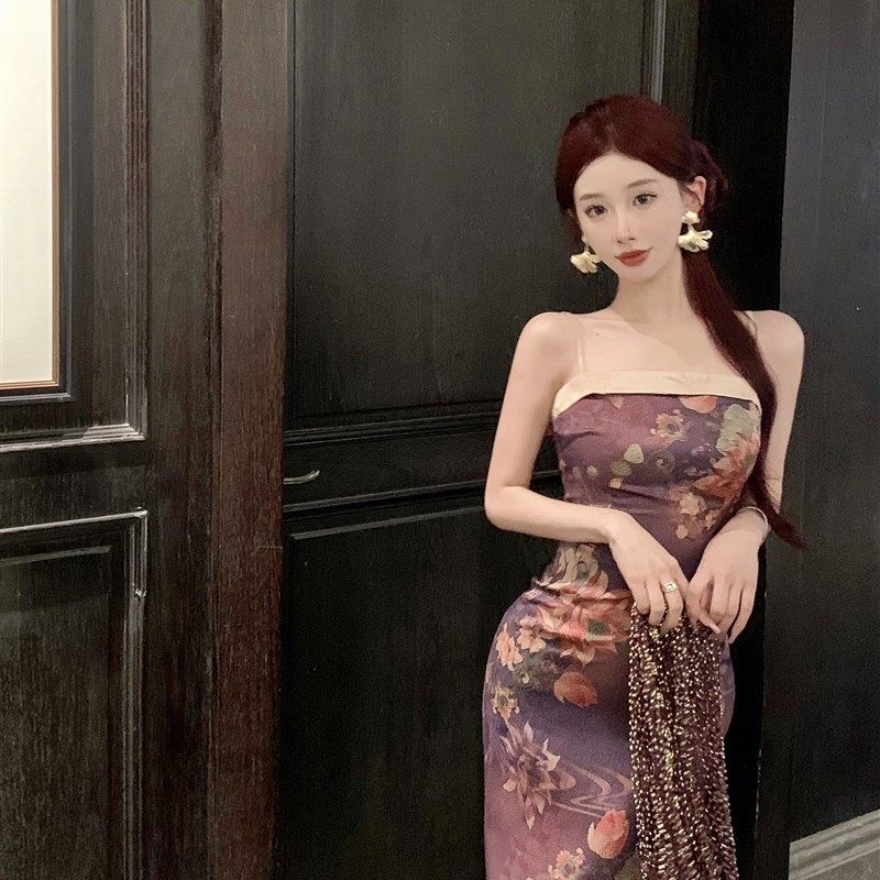 妹妹说紫色很有韵味复古新中式改良旗袍女挂脖吊带连衣裙长裙子