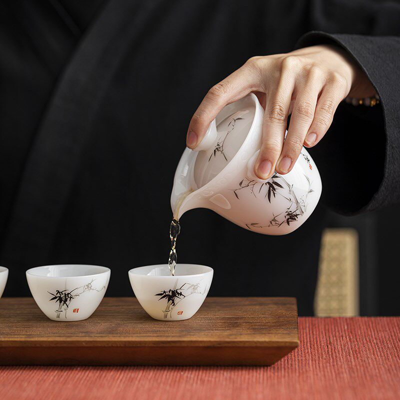 唐舍 手绘国风竹子旅行茶具套装快客杯一壶三杯户外便携式泡茶壶