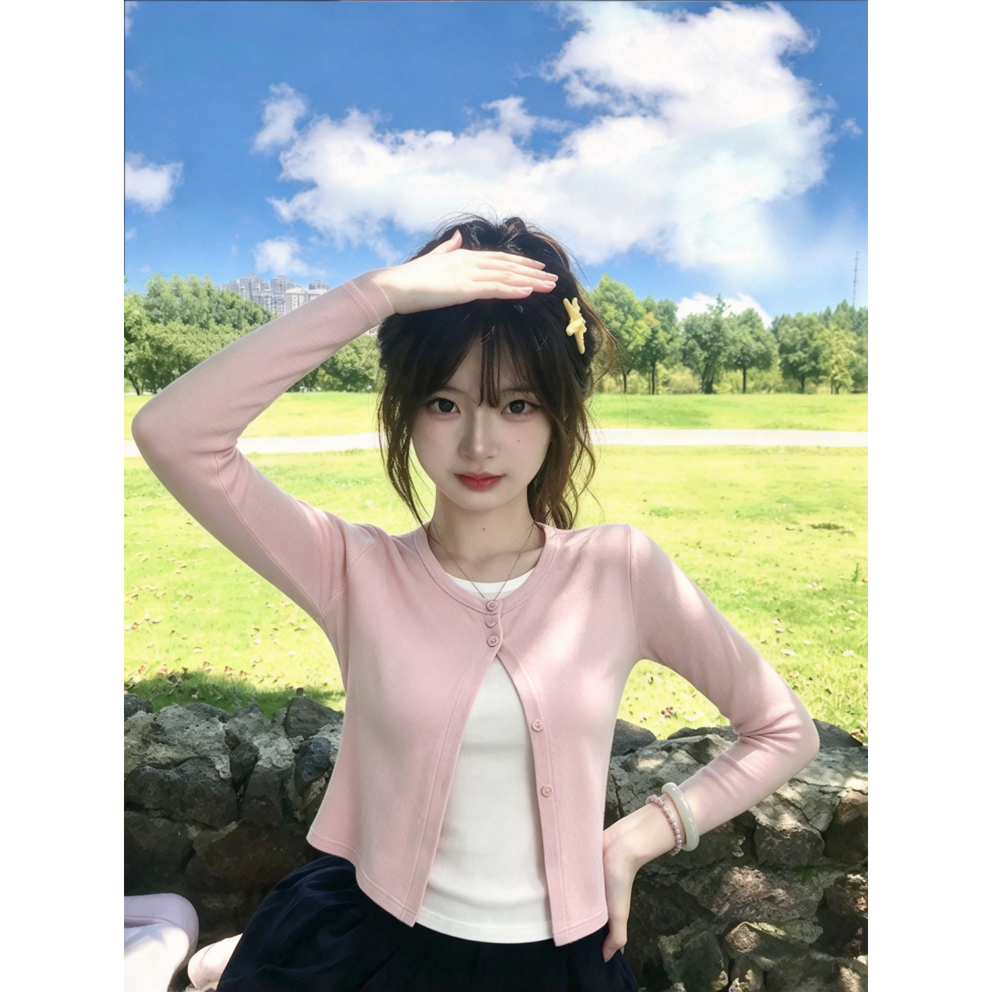 早秋韩系chic假两件长袖上衣女粉色修身显身材叠穿内搭打底衫T恤
