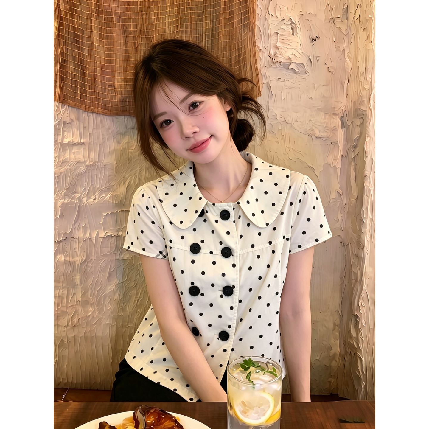 【PtonUmi】波点娃娃领短袖T恤女图片