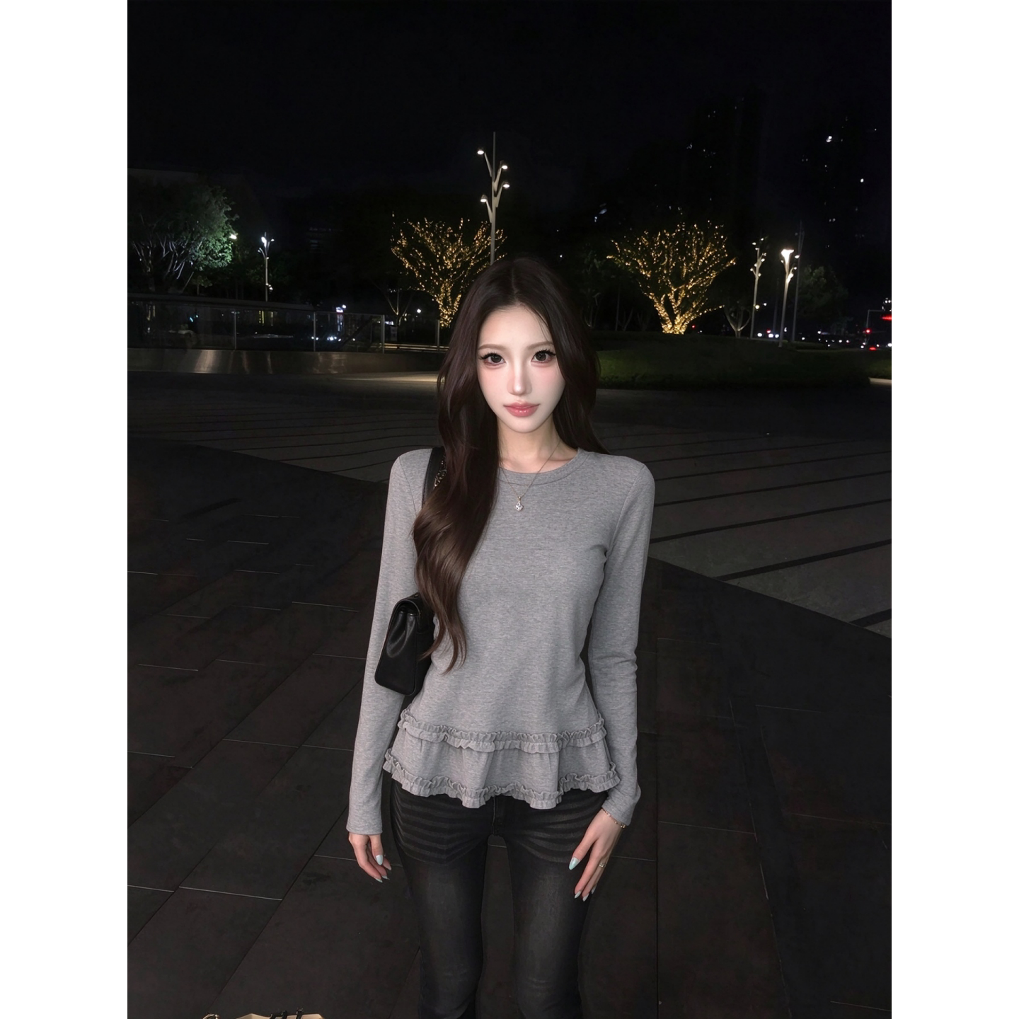 韩系甜美木耳边下摆长袖上衣女圆领修身显瘦灰色打底衫秋冬季内搭