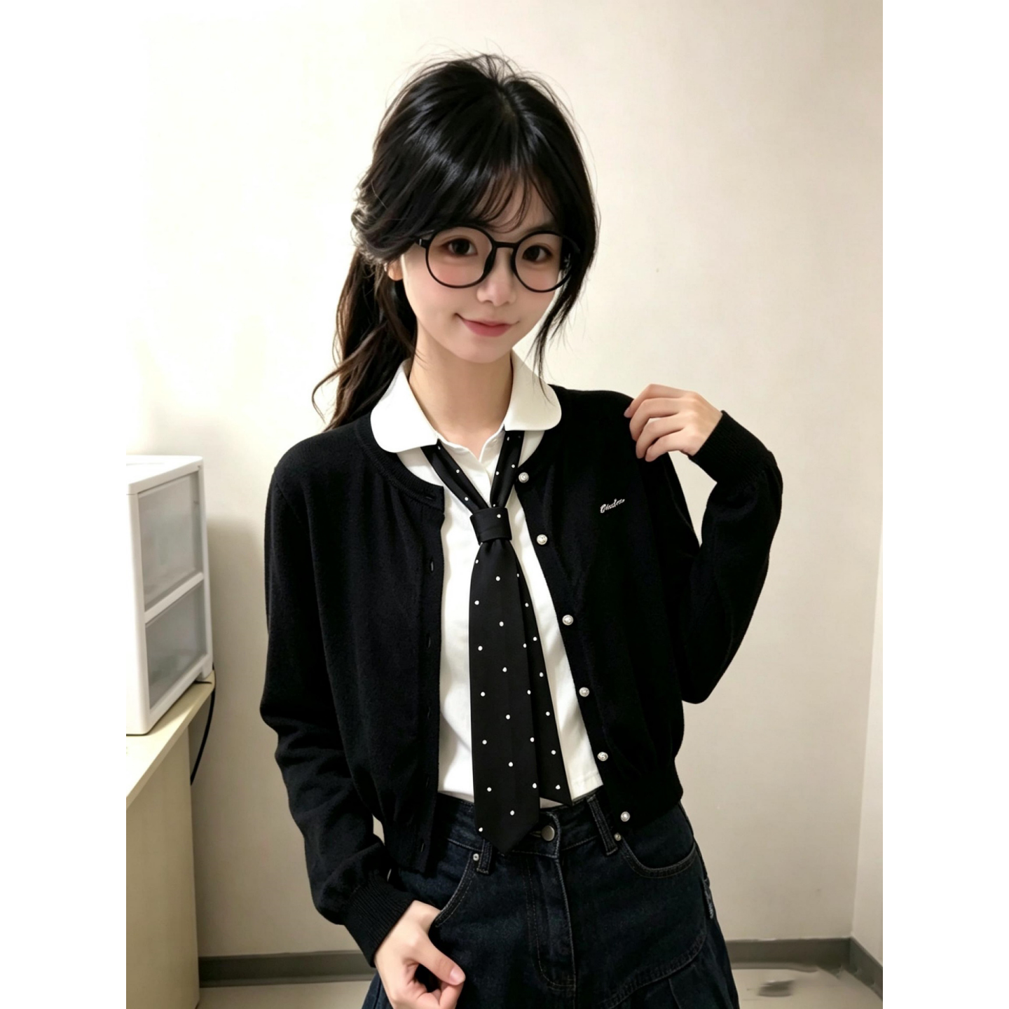 黑色长袖针织开衫外套女秋季修身慵懒感叠穿波点短款韩系T恤上衣