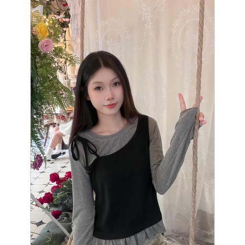 假两件花边长袖T恤女荷叶边上衣