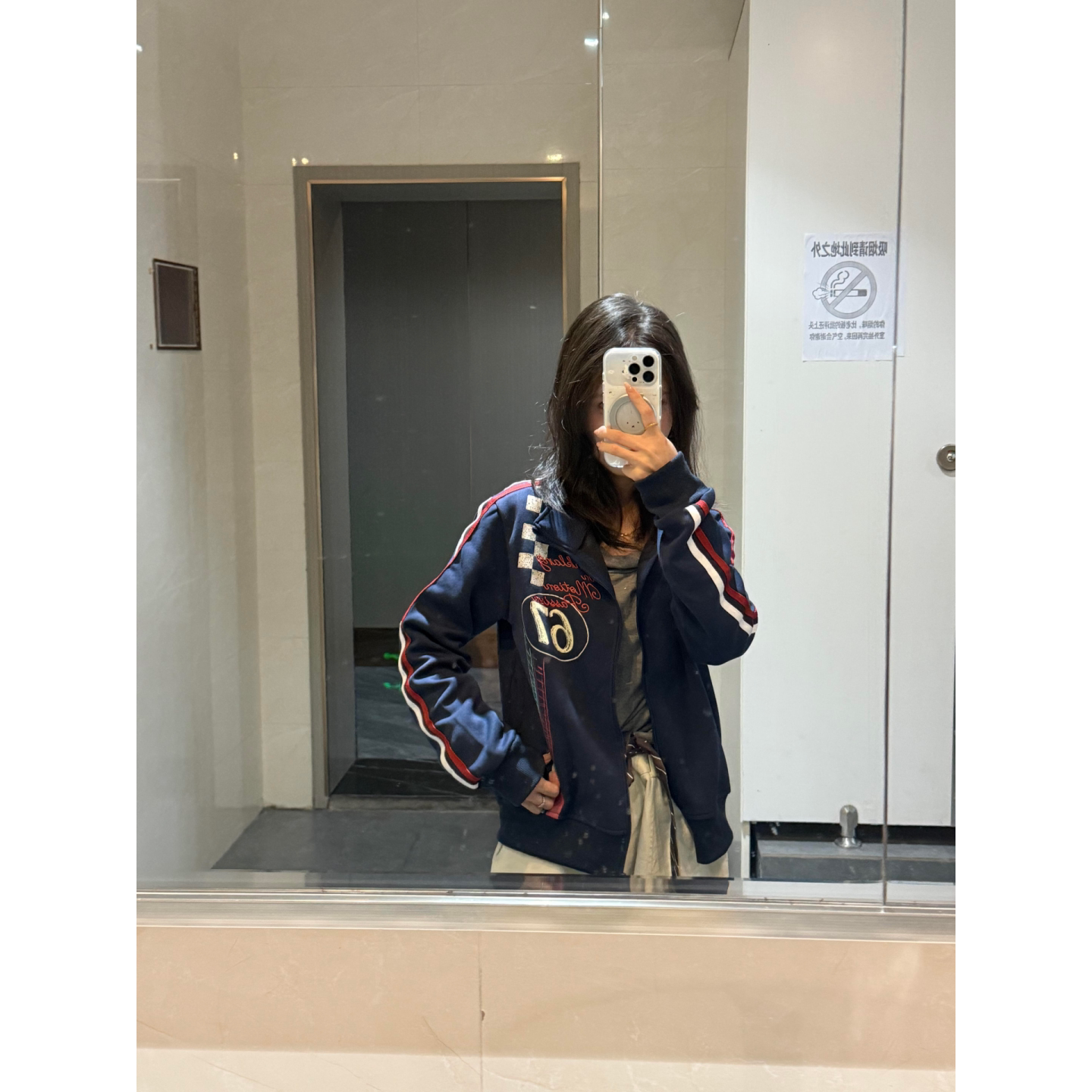 美式宝蓝色立领卫衣女2026新款秋季数字印花宽松短款夹克外套上衣