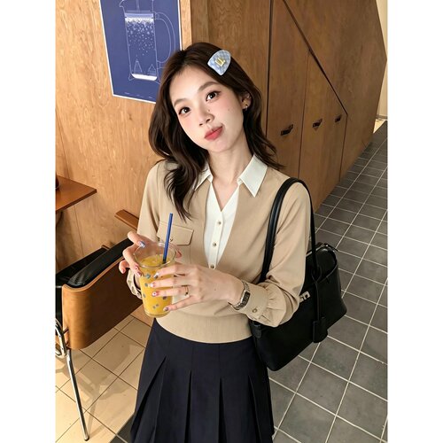 杏色V领拼接假两件上衣T恤长袖女