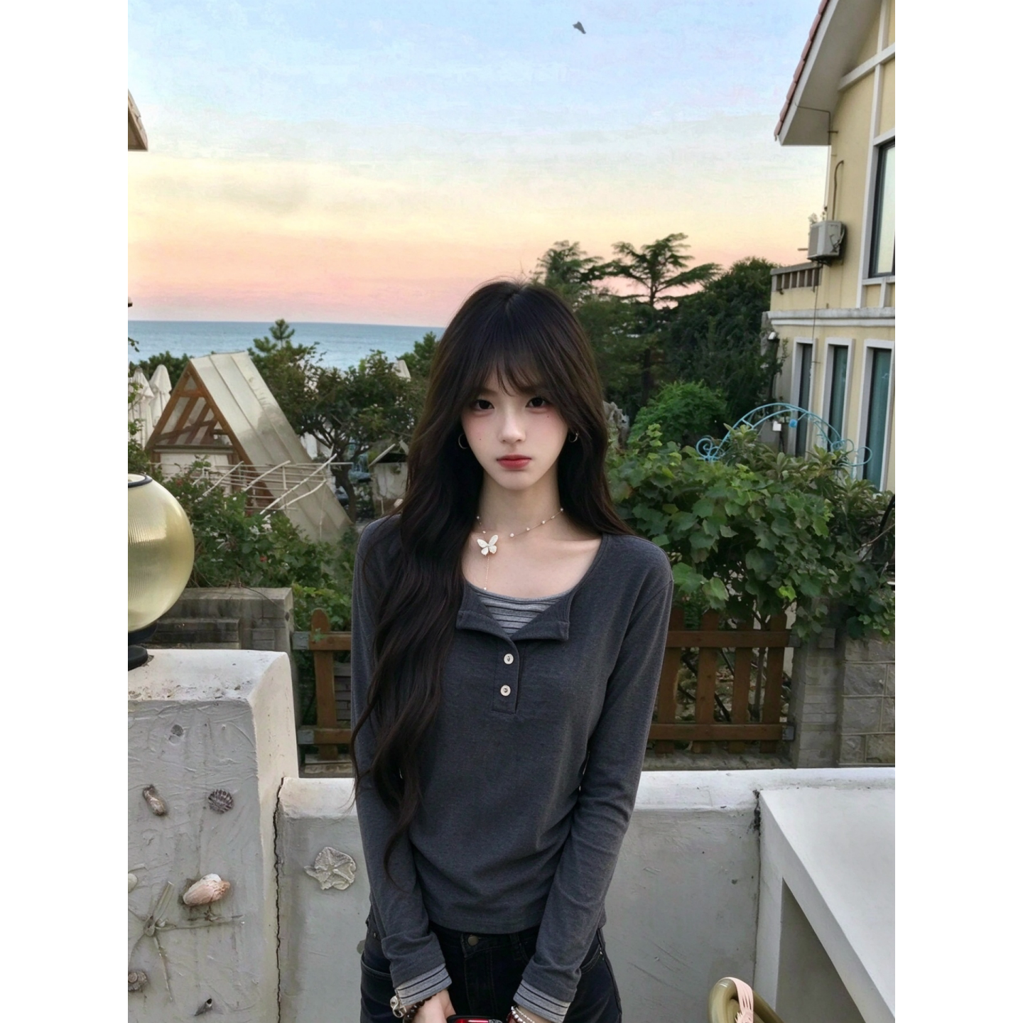 小众设计感亨利领假两件上衣女早秋条纹拼接修身百搭长袖T恤打底