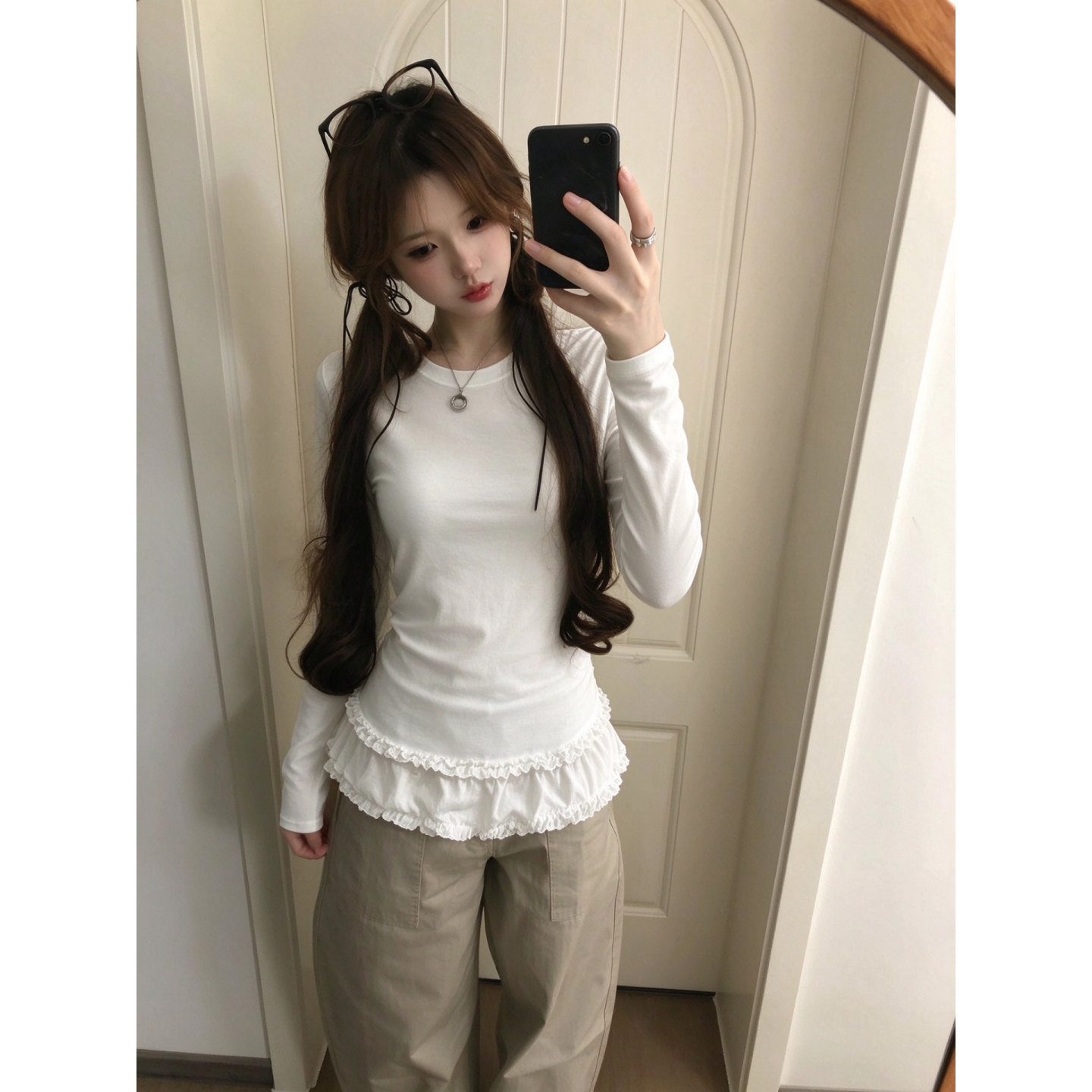 甜妹芭蕾风下摆木耳边打底T恤女修身收腰圆领长袖内搭正肩上衣秋