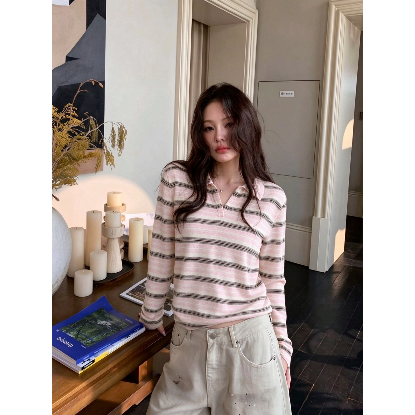 复古横条纹翻领长袖T恤女宽松落肩简约通勤早秋设计感穿搭上衣潮