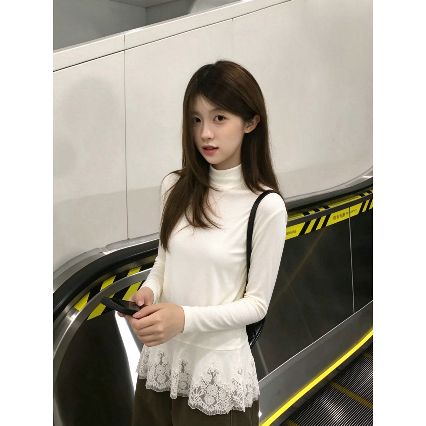 韩系中长款蕾丝下摆长袖T恤女秋冬花边领绝美内搭内搭打底衫上衣