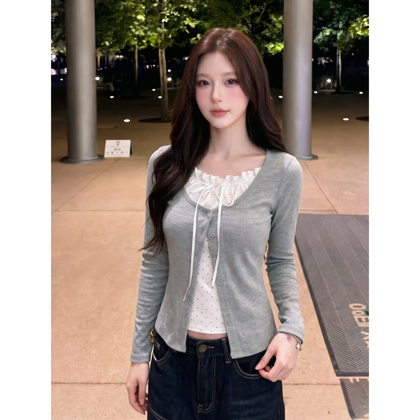 韩系纯欲假两件长袖女波点系带修身显瘦木耳边打底衫T恤上衣秋季