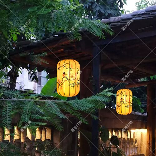 新中式布艺火锅店灯笼吊灯中国风手绘仿古餐厅饭店阳台庭院灯新款