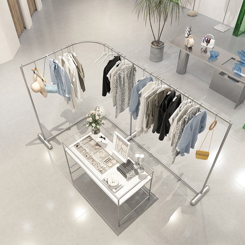 服装店中岛展示架落地式转角女装店中间专用弧形货架挂衣架不锈钢