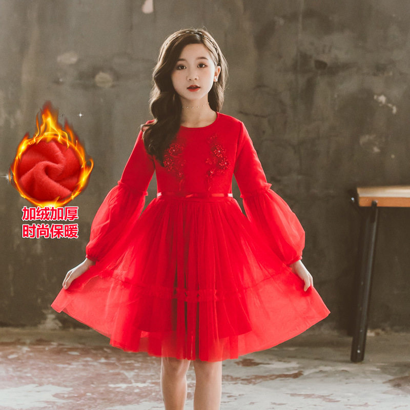女童红色连衣裙洋气婚纱裙儿童公主裙晚礼服小女孩生日钢琴演出服
