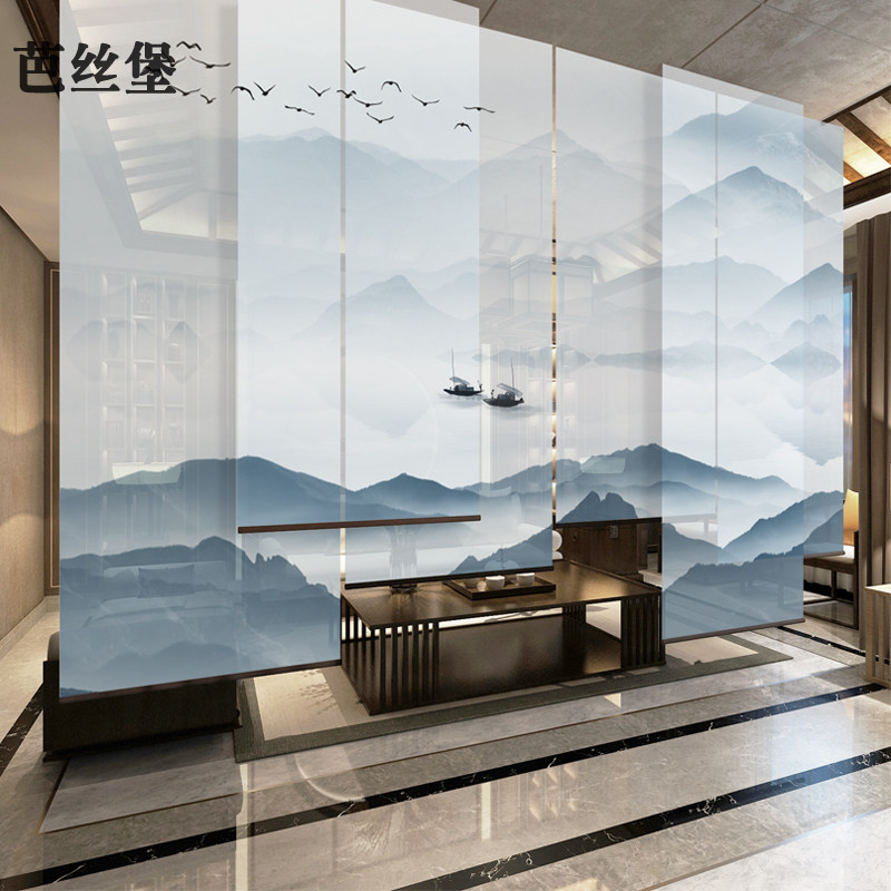 中式悬挂式软屏风隔断帘卧室卷帘窗帘布拉帘画风景防晒客厅办公室