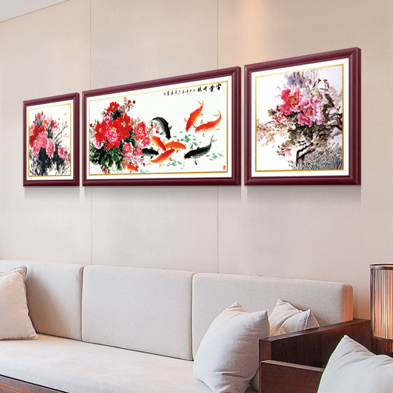 喜事连连新中式客厅装饰画餐厅卧室三联画沙发背景墙壁挂画九鱼图