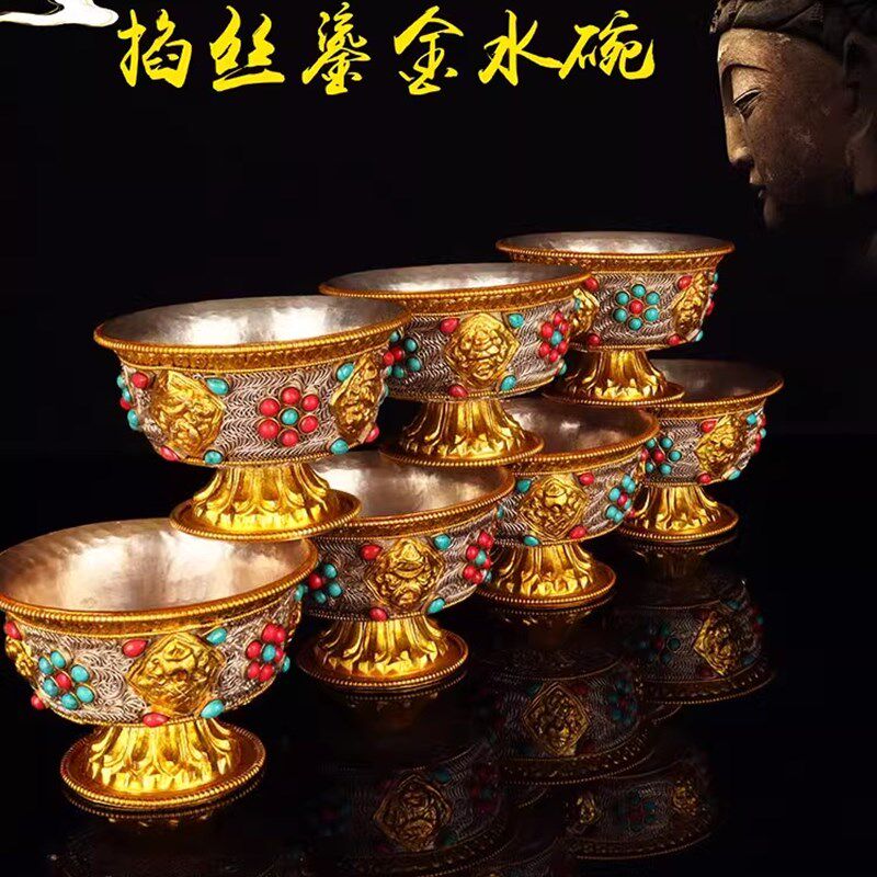 尼泊尔掐丝手工纯铜供水碗藏式供水杯圣水杯镶嵌宝石七供杯摆件