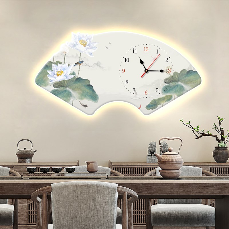 新中式餐厅荷花晶瓷壁画带LED灯与钟表 可客制金线荷花画 客厅玄
