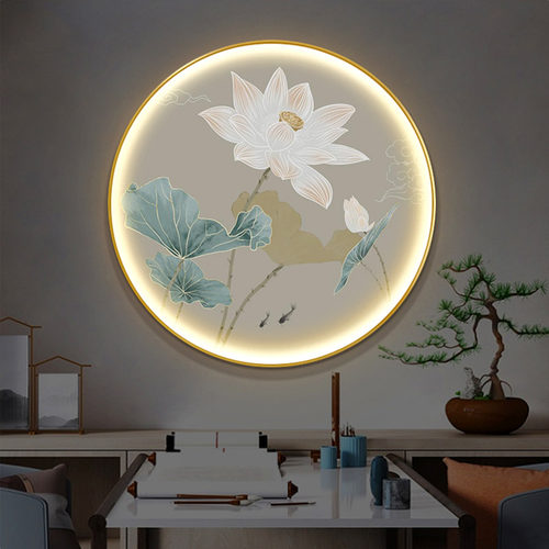 新中式荷花入户玄关LED灯画装饰画圆形壁画客厅茶室禅意水墨挂画