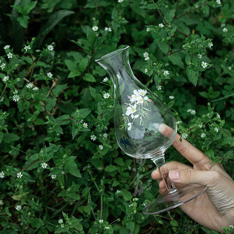 鱼戏手工贴花耐热玻璃高足茶杯绿茶品茗杯家用主人杯单杯洋酒杯子