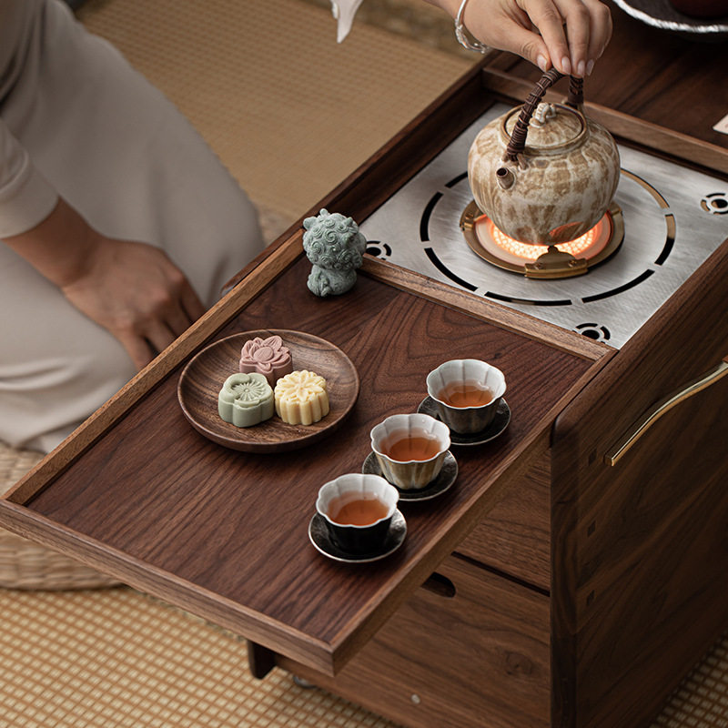 清欢丨胡桃木围炉煮茶碳烤炉 卡式碳烤炉桌泡茶台 茶室收纳柜火钵