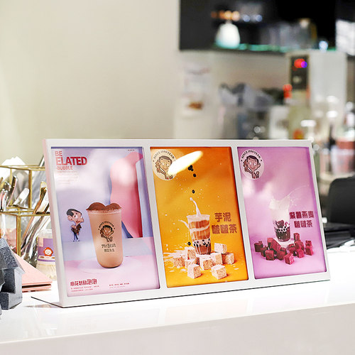 奶茶店菜单展示牌不锈钢金属台卡三连体价目表a4亚克力立牌点餐牌