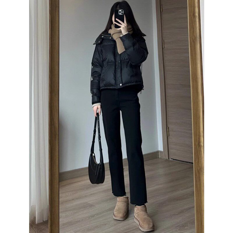 黑色直筒牛仔裤女春秋2024新款高腰修身显瘦弹力毛边小个子烟管裤