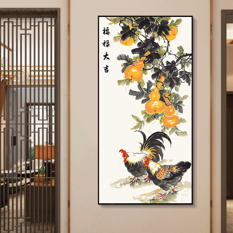 竖版大幅diy数字油画新中式客厅玄关吉祥招财葫芦鸡国画装饰画