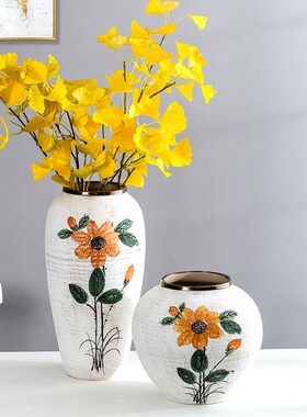 北欧手绘向日葵陶瓷花瓶摆件白色抽象花瓶客厅饰品插干花花器家居